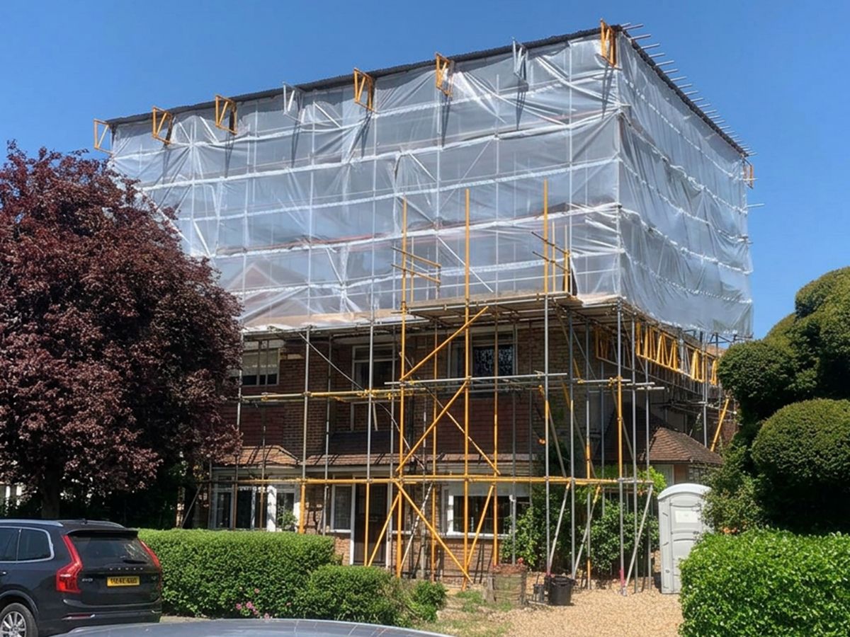 Scaffolding with a temporary roof cover on a house in Cambridge